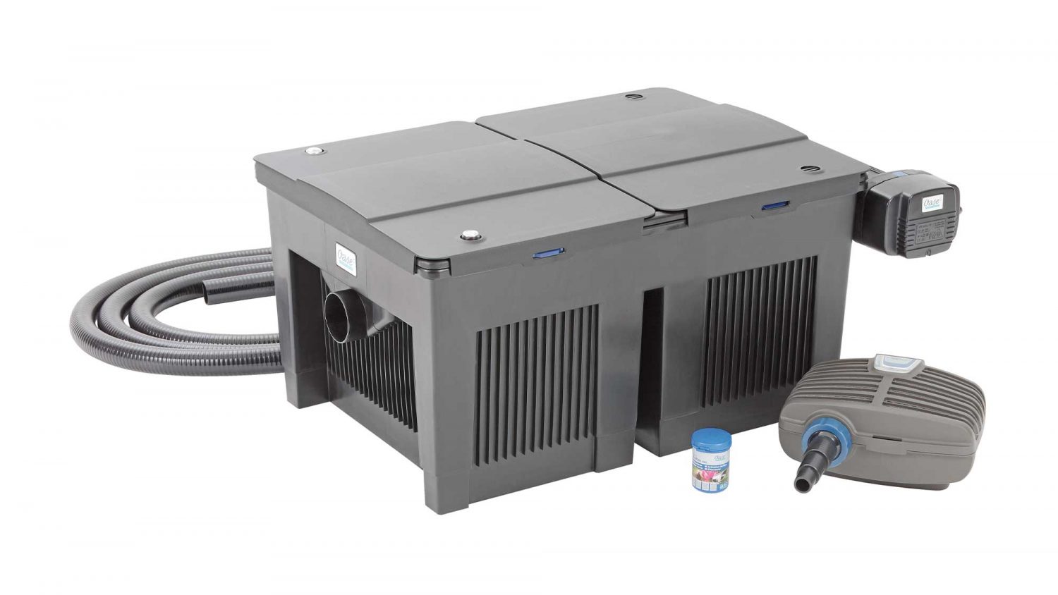 The Oase BioSmart Set 24000 includes a 24W Vitronic UV clarifier, an AquaMax Eco Classic 5500 pump, 5m of hose, and 100ml of Oase BioKick.