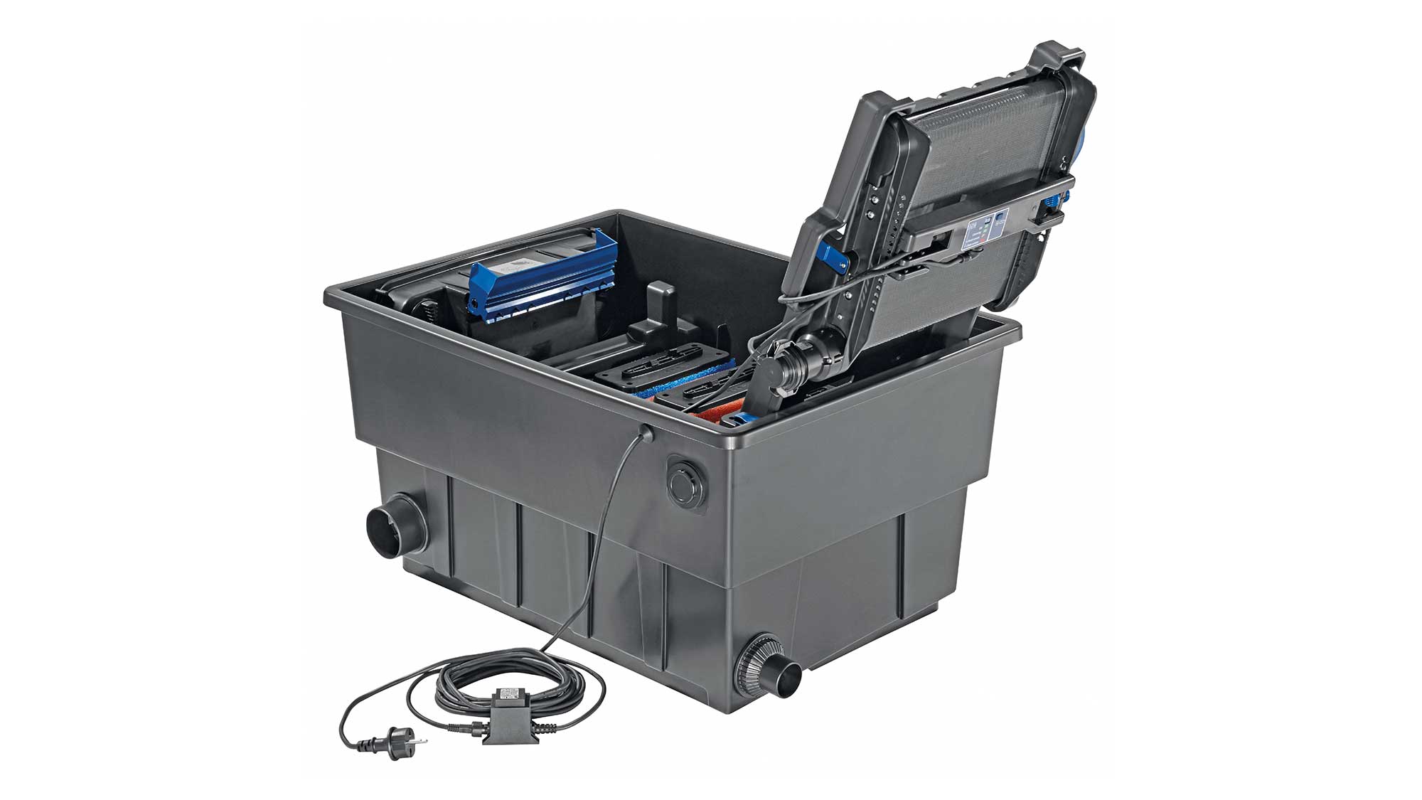 OASE105739-BioTecScreenMatic2 The Oase Biotec ScreenMatic 40000 pond filter combines foam biological media and an automated belt screen to remove solid waste.