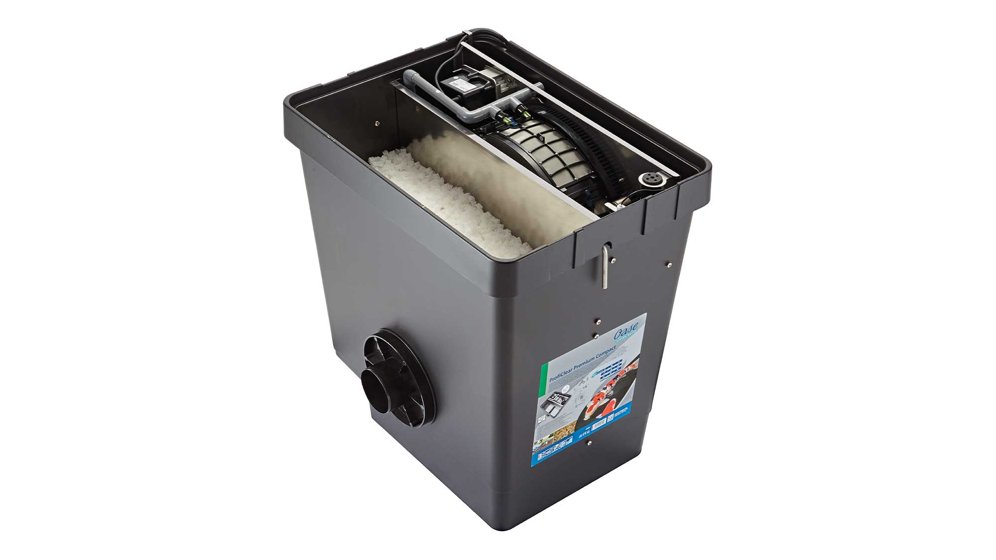 OASE106063-ProfiClear-Premium-Compact-M-Gravitation-EGC The Oase Proficlear Premium Compact-M Gravity-Fed Drum Filter is ideal for natural or swim ponds up 88m³, goldfish ponds to 44m³, and koi ponds up 22m³.