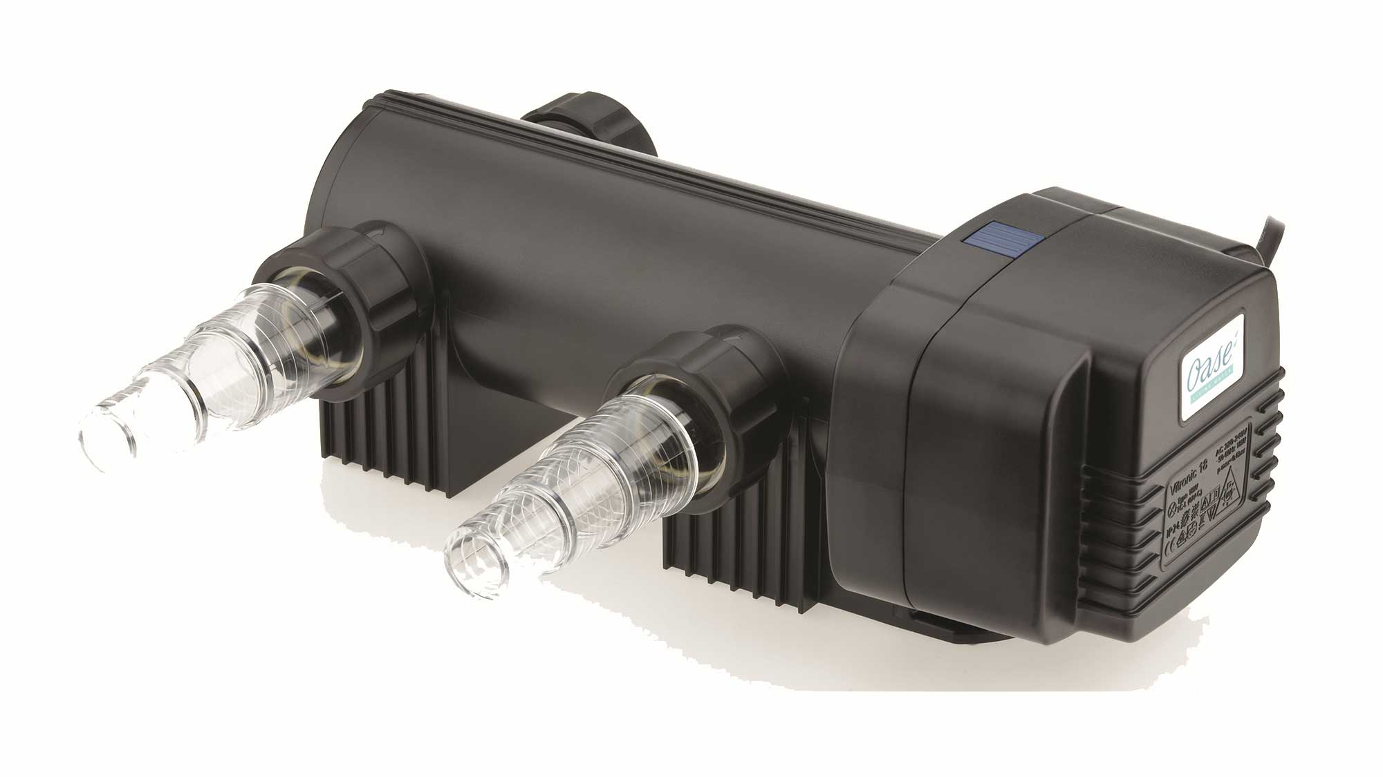 OASE144079-Vitronic18W The Oase Vitronic 18W UV ensures clear water in natural ponds to 20mยณ and goldfish ponds up to 10mยณ killing algae that causes green water.
