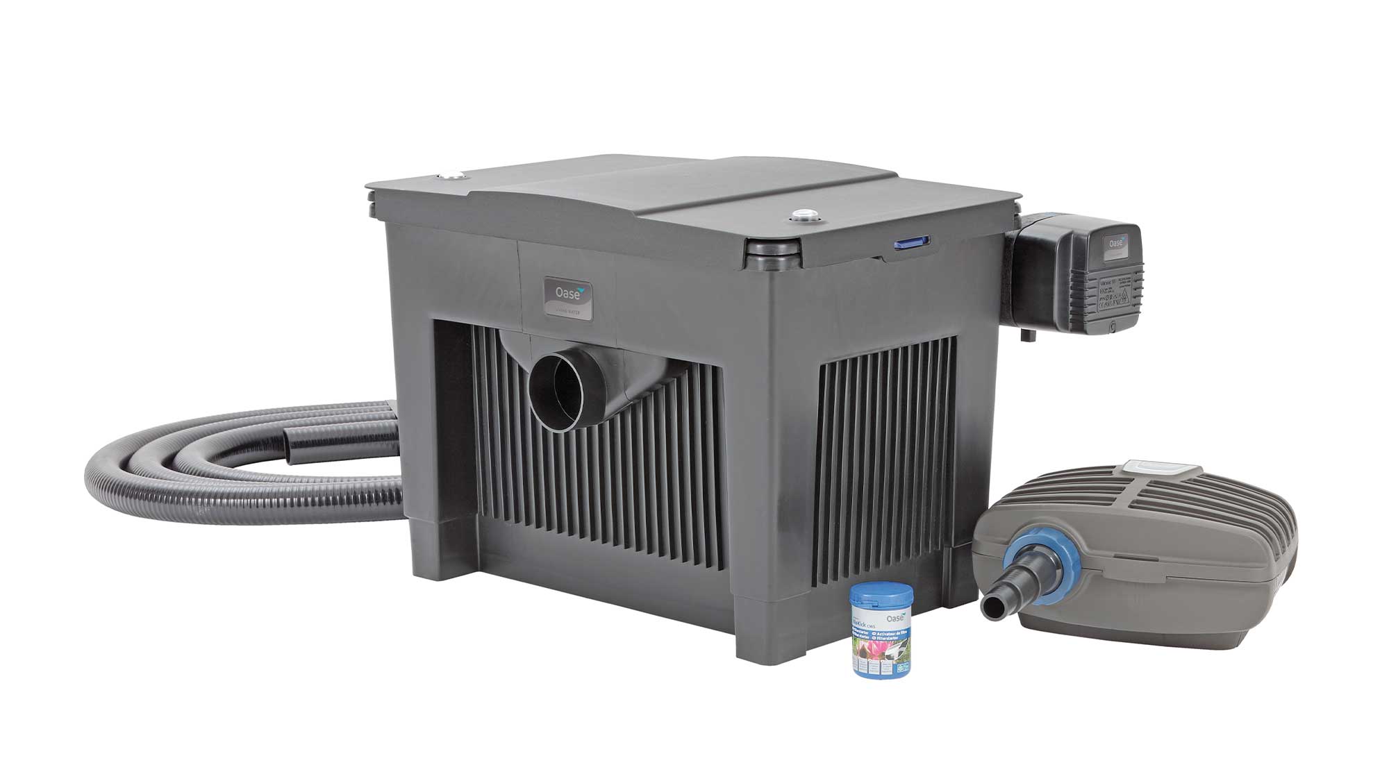 BioSmart Set 18000 The Oase BioSmart Set 18000 includes a Vitronic 18W UV clarifier, AquaMax Eco Classic 5500 pond pump, 5m hose, and 100ml of Oase BioKick.