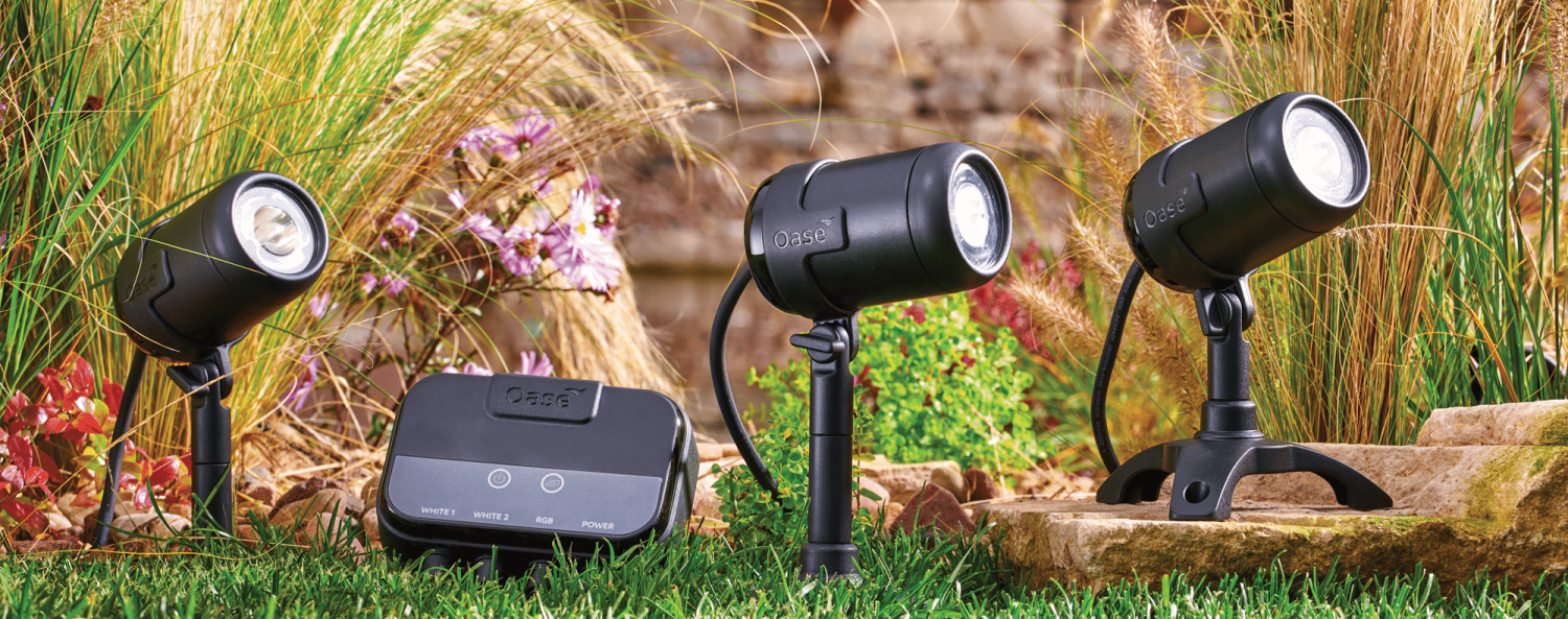 The Oase LunAqua Connect system is a modular lighting system for gardens and ponds. The spotlights come in warm white and RGB, are fully submersible, and can be controlled via a mobile app.